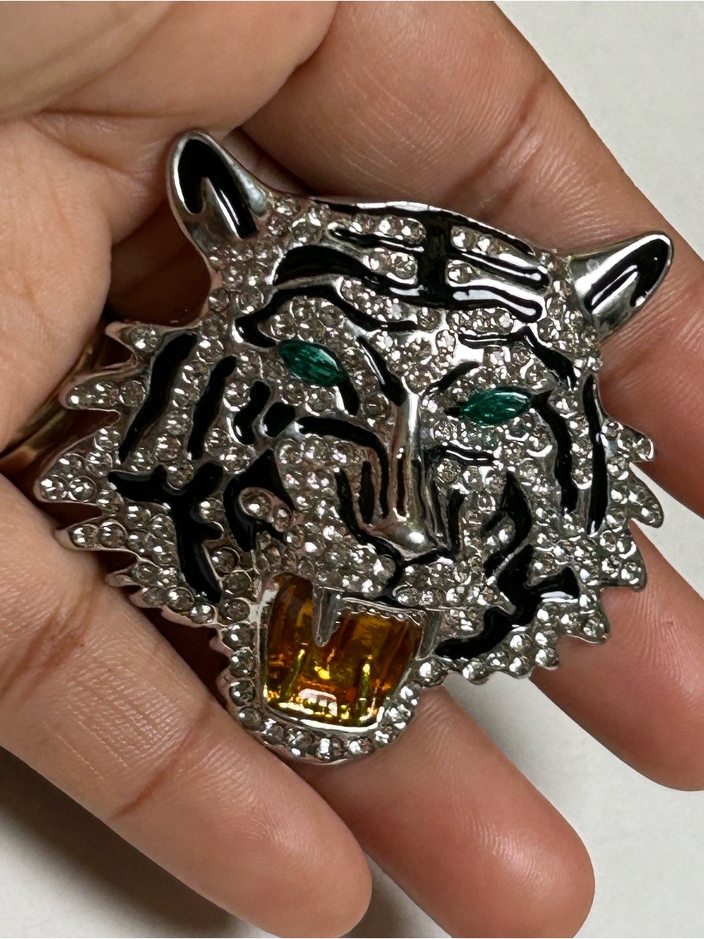 Crystal Tiger Head Brooch with Emerald Eyes and Amber Fang